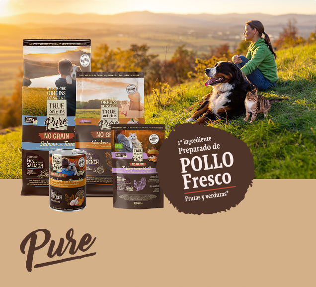 Infografía: True Origins Pure. Primer ingrediente: pollo fresco preparado.