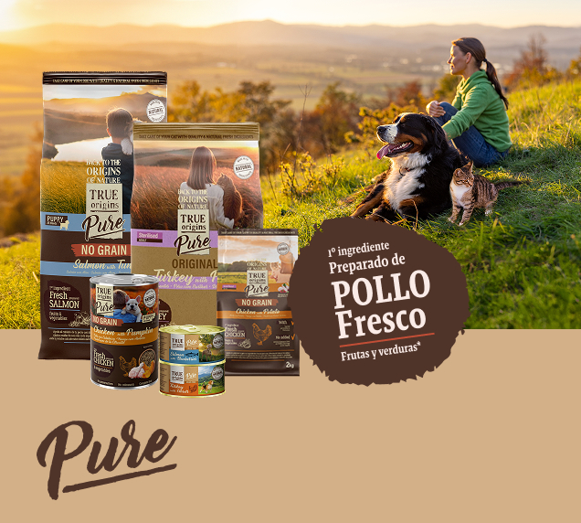 Infografía: True Origins Pure. Primer ingrediente: pollo fresco preparado.